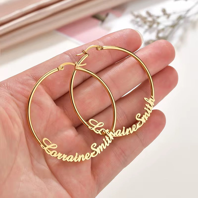 Thin Bottom Statement Script Hoop Earrings