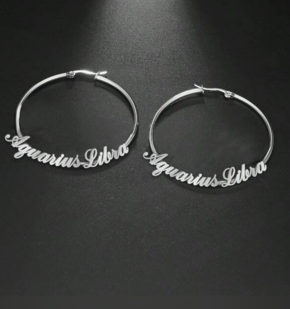 Thin Bottom Statement Script Hoop Earrings