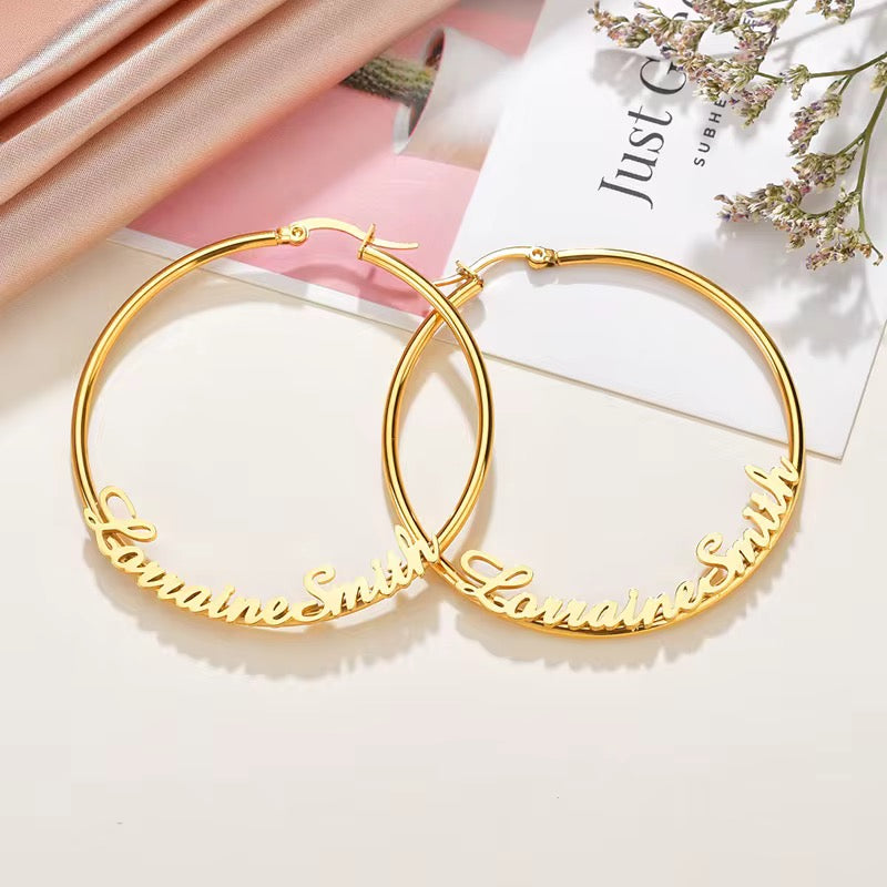 Thin Bottom Statement Script Hoop Earrings